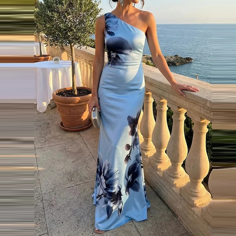 Robe de soirée élégante sans manches à découpes, taille haute plissée en mousseline, col bateau sexy, imprimé floral