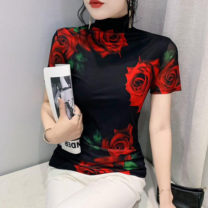 Taille S-3XL impression fixe maille t-shirts femmes col roulé mince à manches courtes t-shirts dame élégant extensible gaine florale haut T-Shirt