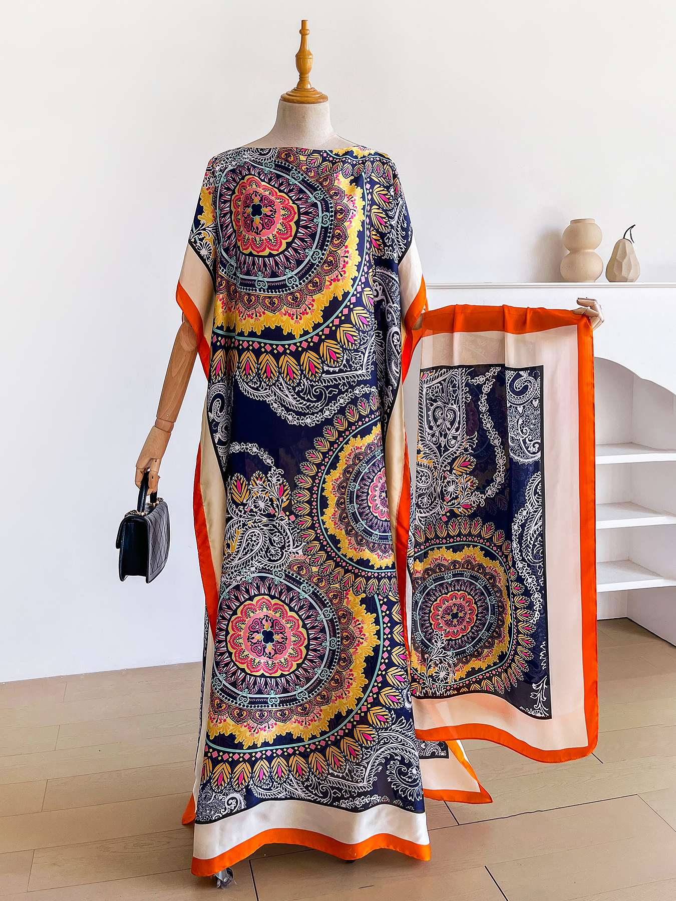Abaya Dubai à imprimé mandala paisley avec foulard assorti, col bateau, manches chauve-souris, kaftan maxi ample pour femmes musulmanes africaines