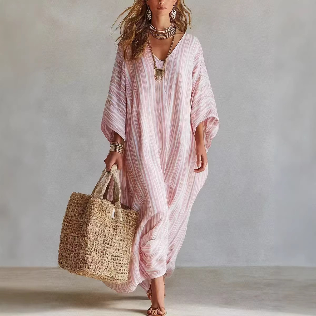 Robes pour femmes rayées, nouvelle mode estivale, col en V, manches courtes, robe de soirée tendance, robes décontractées amples pour femmes