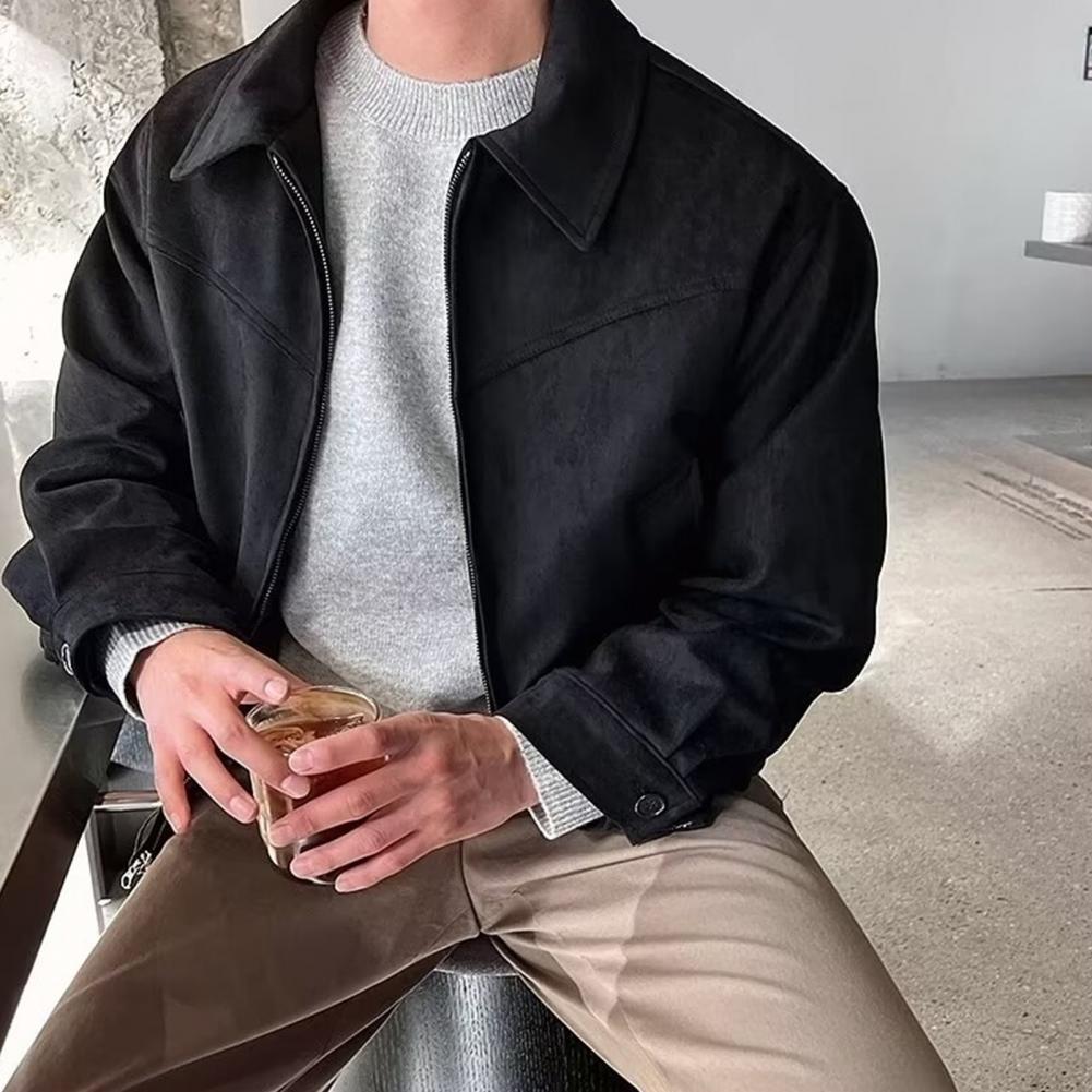 Veste zippée élégante pour hommes, veste à revers avec fermeture à glissière, poches latérales, couleur unie, vêtements d'extérieur pour Style court, manches longues