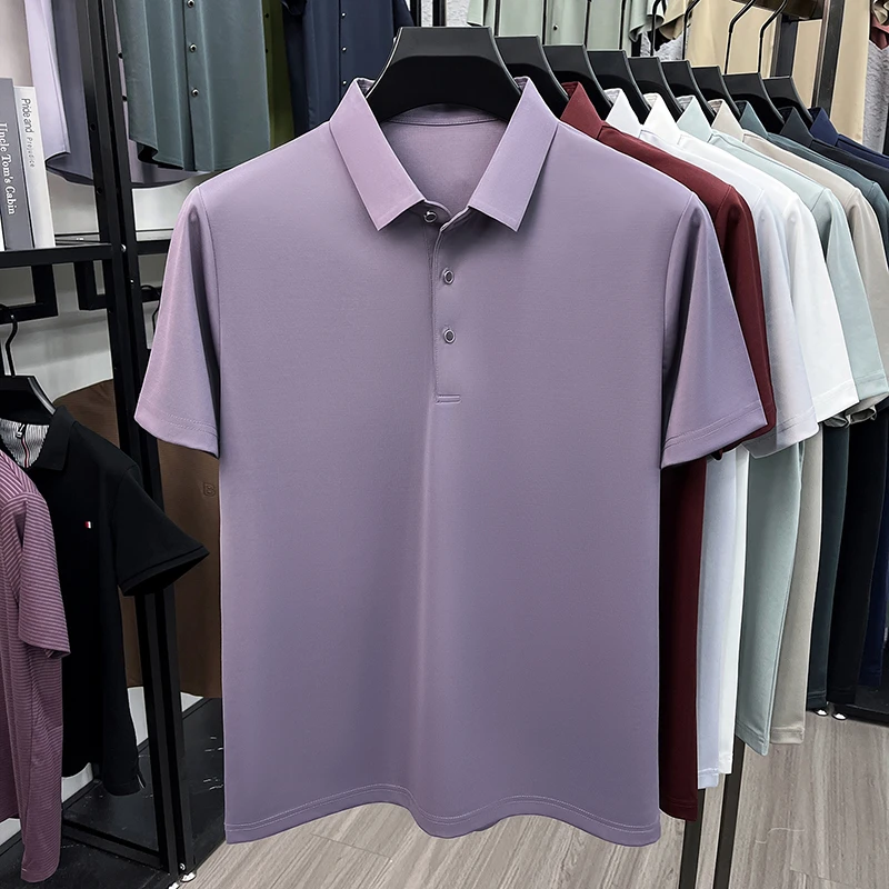 Polo en soie de mûrier pour hommes, tissu doux au toucher soyeux, manches courtes, pour les affaires et un usage quotidien