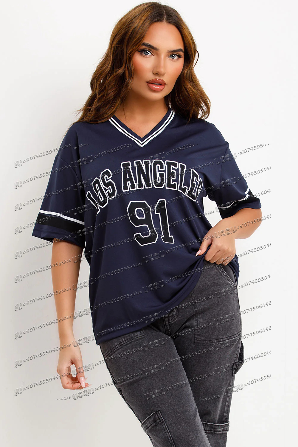 Vêtements de sport d'été Los Angeles No.91 pour femmes, T-shirt en Jersey, col en v, ample, mode, vêtements de rue, manches courtes, loisirs, vacances