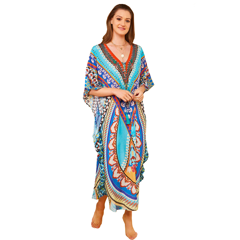 Bohème caftan plage tunique coton plage couvrir Saida de Praia maillot de bain femmes Bikini couvrir paréo Sarong maillots de bain # Q956