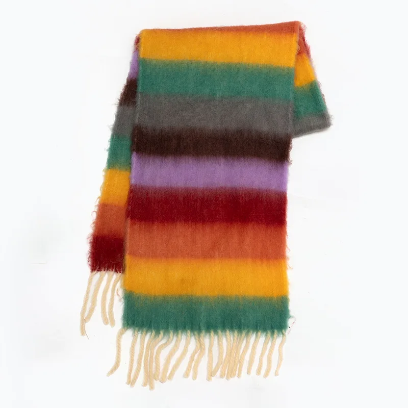 Écharpe à pampilles en cachemire rayé arc-en-ciel coloré, Mohair, Kawaii, Chaud, Épais, Accessoires de mode, Bandeau de la présidence du couple, Hiver
