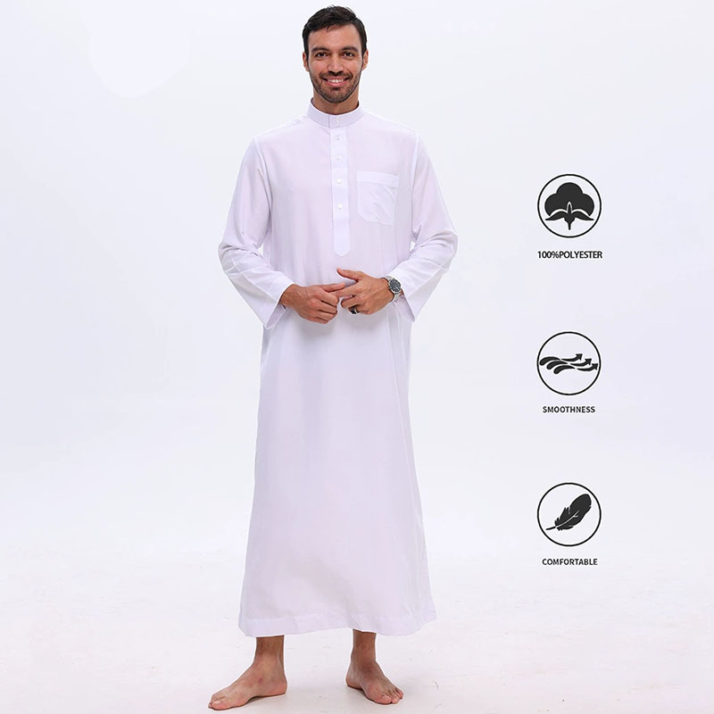 Vêtements islamiques pour hommes, robe longue blanche à manches longues, robe longue musulmane, abaya, kaftan arabe, col à boutons, thobe, jubba