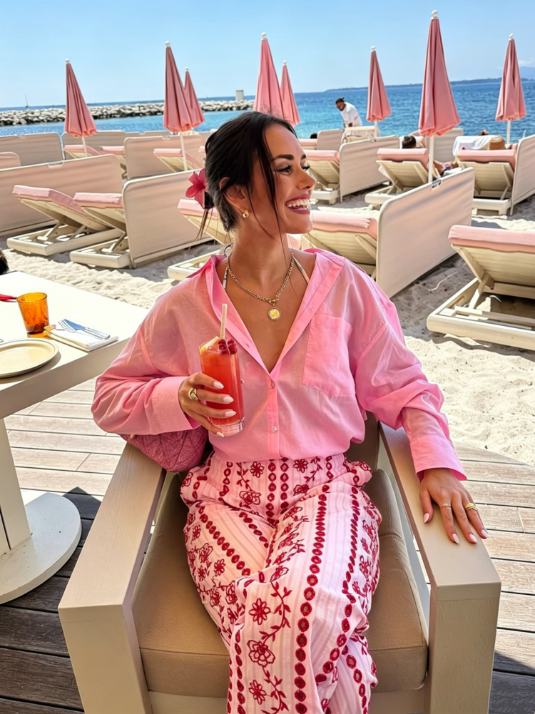 Pantalon long vintage rose brodé ajouré pour femme, style bohème, jambe large, pour la plage, nouvelle collection été 2026, idéal pour les vacances