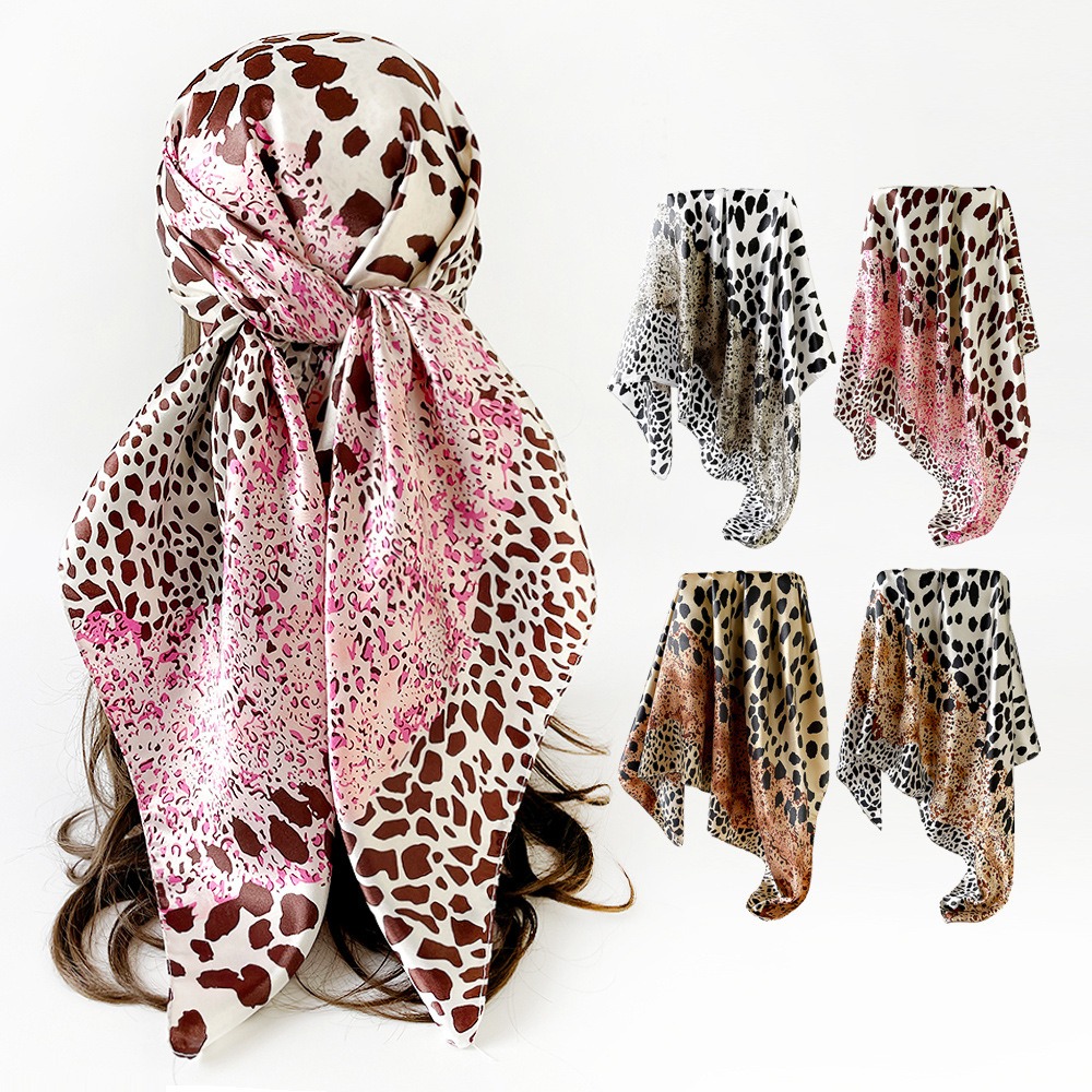 Écharpe à imprimé léopard, châle carré en satin imitation soie de 90 cm, foulard pour femmes de style européen et américain