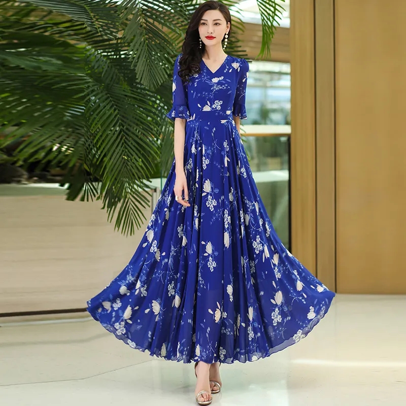 Robe longue imprimée en mousseline de soie pour femme, robe de plage mince bohème, col en V, manches moyennes, robe de soirée féminine, robe éducative, 4XL, nouveau, été, 2024
