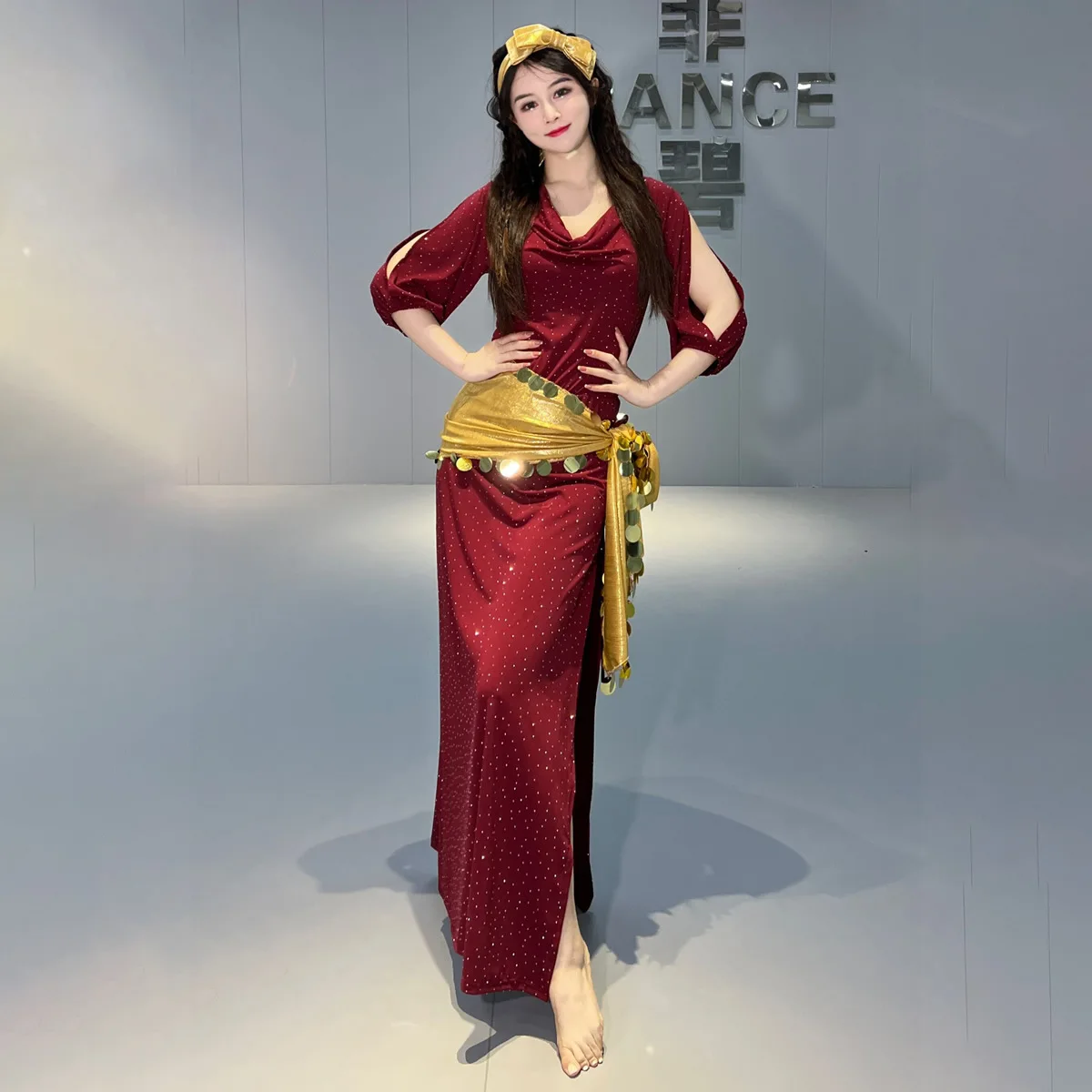 Shabbi Baladi Performance Robes pour femmes, ensemble de olympiques de danse du ventre, robe en coton à demi-manches, coiffure et ceinture, 3 pièces