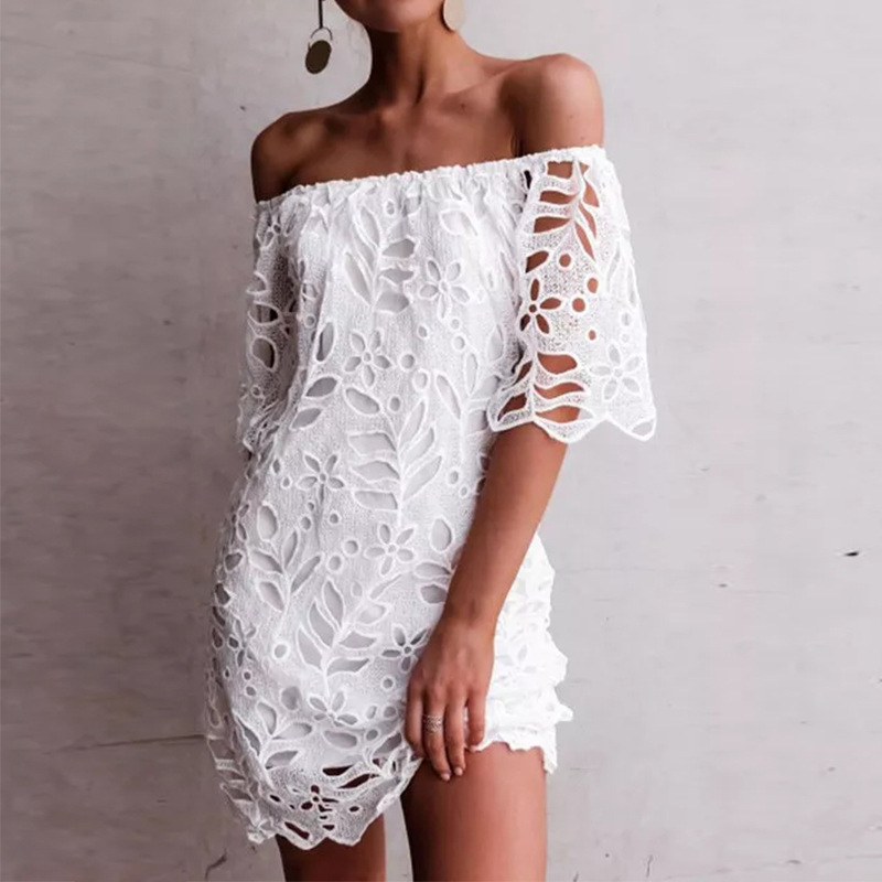 Robe en dentelle pour femmes, vêtements d'été, Streetwear, col bateau, sans bretelles, mode, jupe courte, élégante, couleur unie, pull, robes féminines, 2024