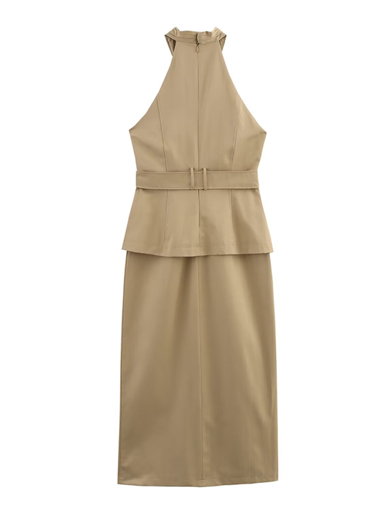 Safari Style col croisé robes femmes élégant sans manches ceinture poches Tube longue robe femme 2025 été nouvelle dame outwear