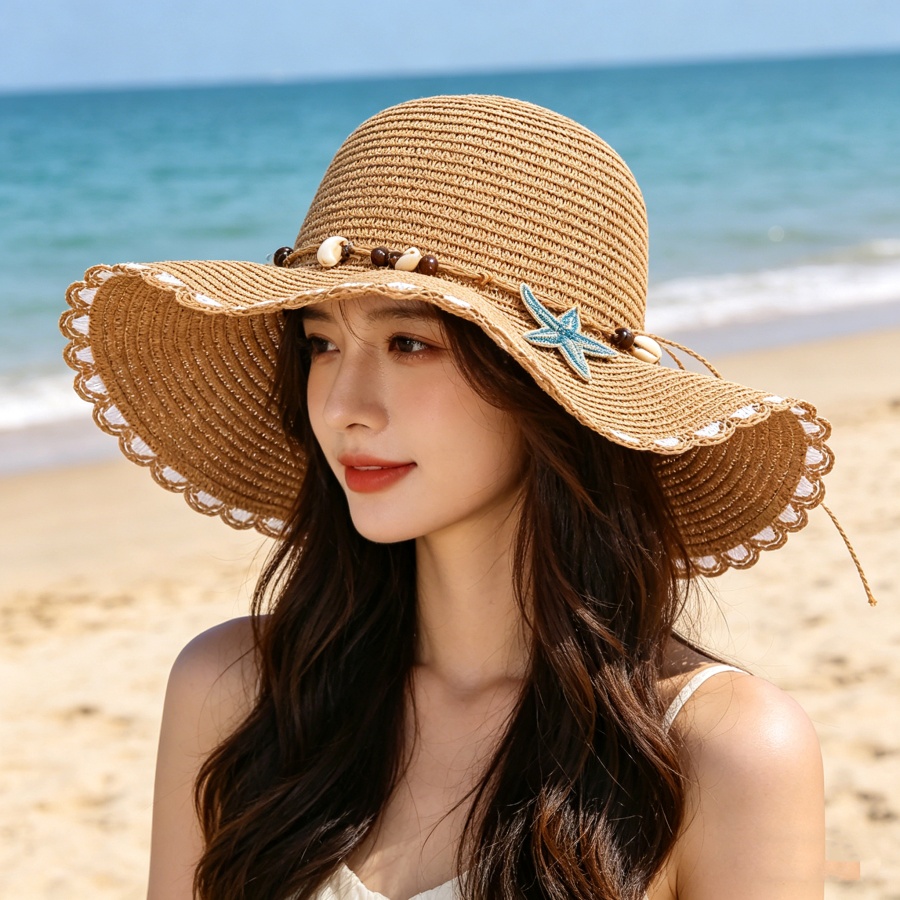 Chapeau de paille à large bord style bohème orné de coquillages, design ajouré respirant, bord ondulé, protection solaire, idéal pour les activités en bord de mer et les séances photo