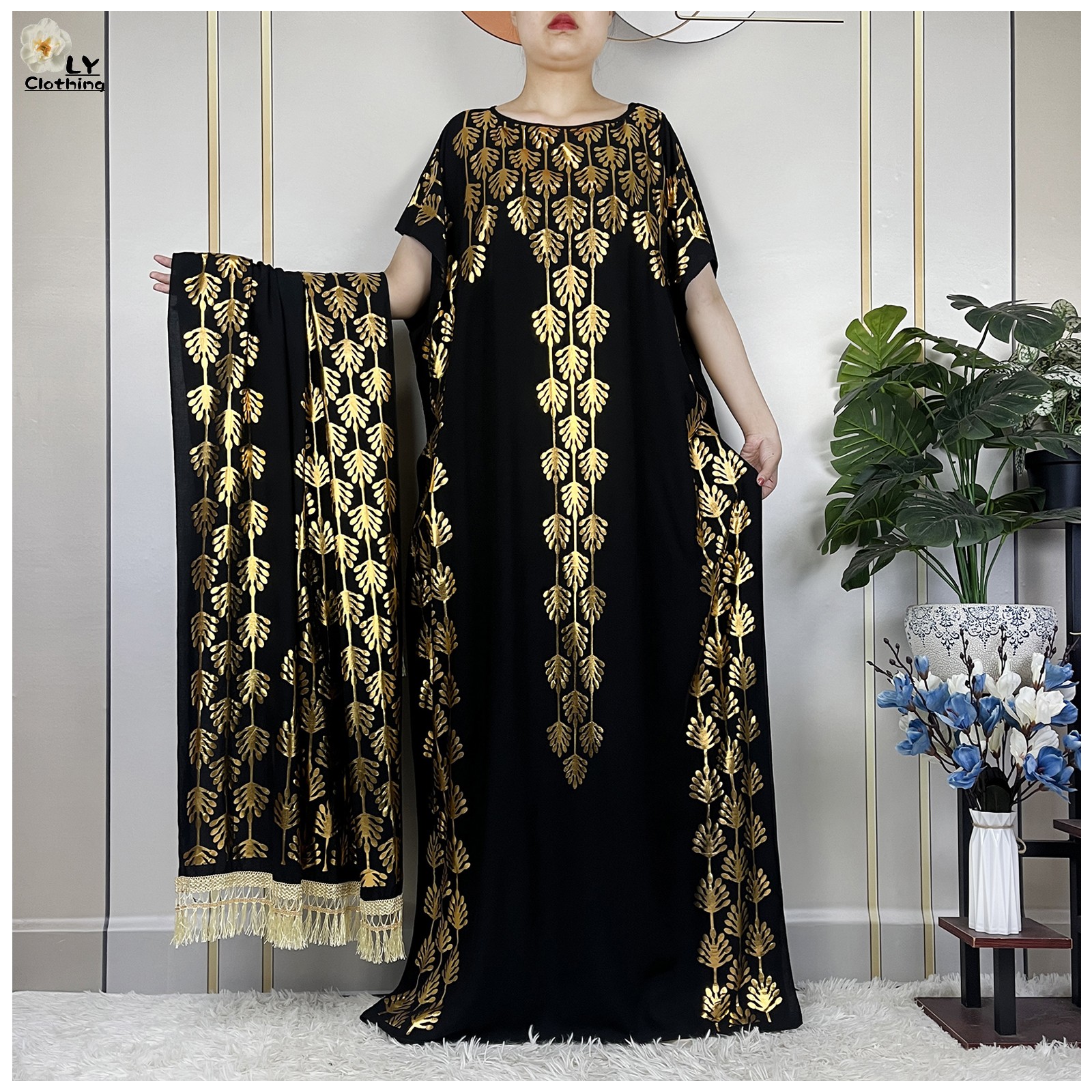 Robe en coton à manches courtes pour femmes, boubou à estampage doré, robe Maxi Islam avec grande écharpe, vêtements Abaya africains, été, nouveau, 2023