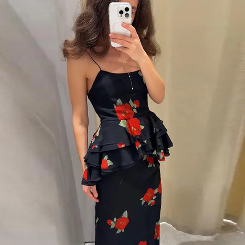 Élégant haut à volants jupe ensemble femmes Chic imprimé sans manches dos nu fronde haut hanche paquet jupe longue ensembles 2025 été dame robe