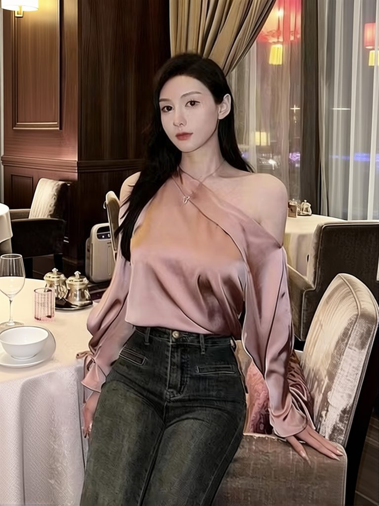 Haut élégant en satin de soie pour femme, à épaules dénudées, manches longues, style t-shirt, sexy, ample, décontracté, basique, chemisier asymétrique à une épaule
