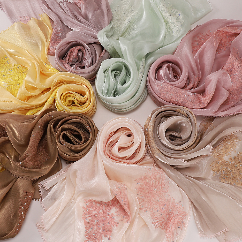 Hijab Modeste en Organza Pailleté avec Broderie Papillon et Bordure de Paillettes, Foulard Musulman, Châle de Mariage pour le Ramadan