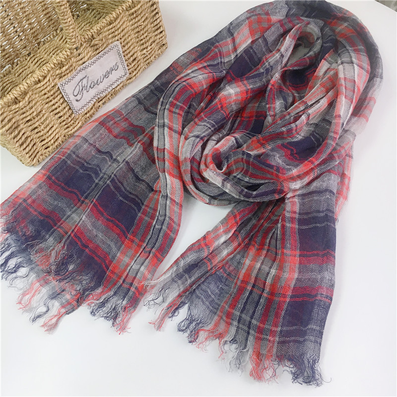 Printemps et été nouvelle écharpe à carreaux en lin pur léger et respirant japonais doux Design foulards châle pour femmes en gros