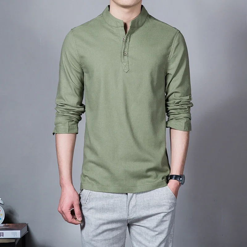 T-shirt en lin à manches longues pour hommes, col montant, chemise de base mince, t-shirts Y et t-shirts, mode masculine, vêtements de printemps