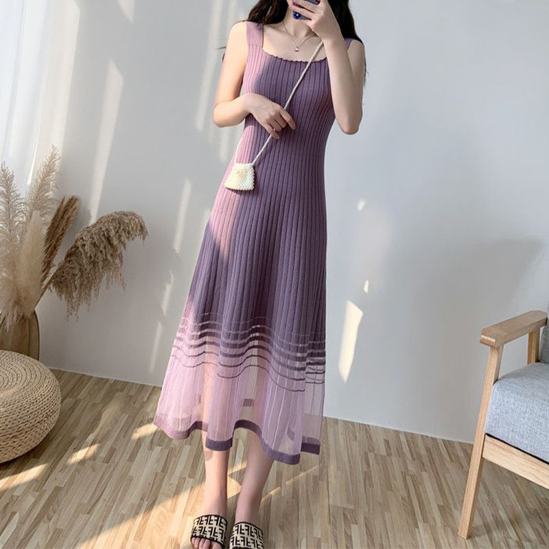 Robe d'été en gaze pour femmes, sexy, version coréenne, couleur unie, dos nu, longueur en fibre