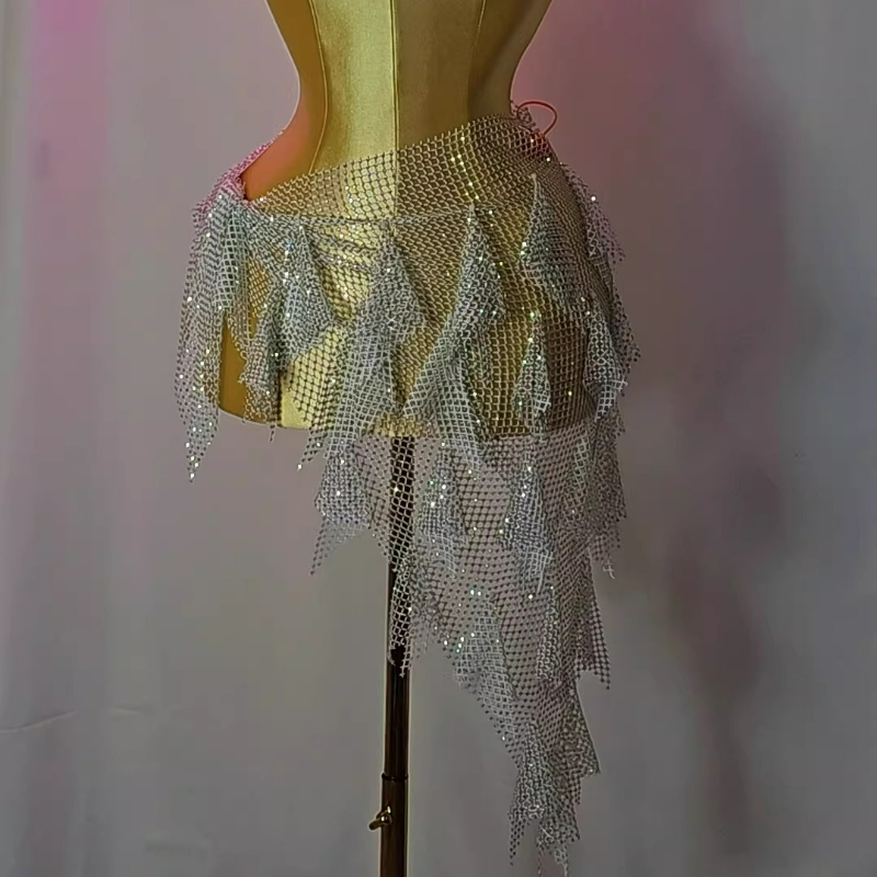 Costume de danse du ventre pour femmes, pierres AB avancées, chaîne de taille orientale, pompon, fesses, jupe écharpe de danse du ventre féminine