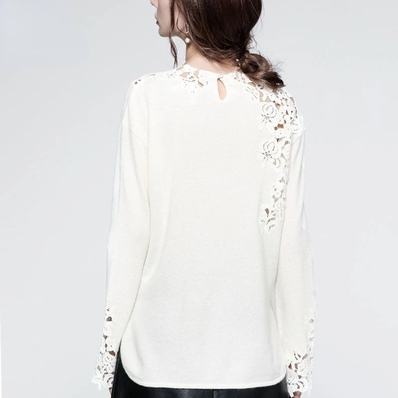 T-shirt de tempérament pour femmes, Design d'automne, haut blanc à épaules dénudées, haut tricoté ajouré brodé à la mode, Harajuku 2024