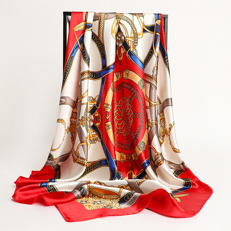 Foulard en Soie Imprimé 90x90cm, Grand Carré en Satin, Châle de Luxe pour Femme, Marque de Créateur, Hijab, Bandeau