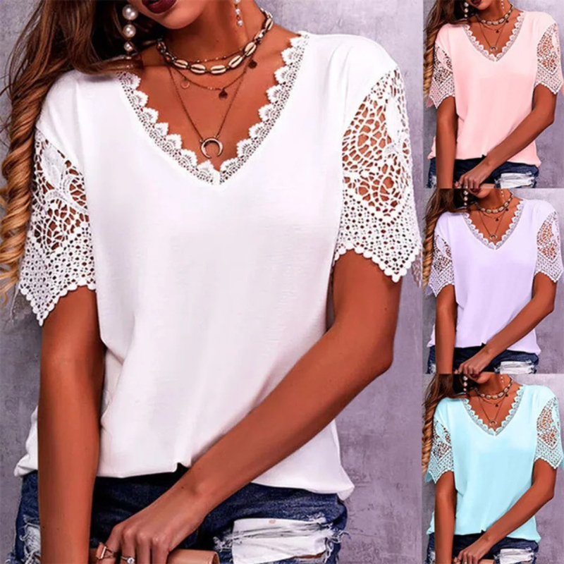 Vintage mode dentelle à la mode femmes t-shirts décontracté élégant Chic surdimensionné Blouses t-shirts couleur unie haut femmes vêtements