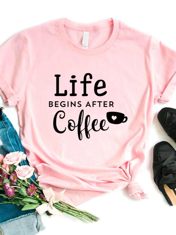T-shirt manches courtes col rond femme, décontracté, imprimé Life Begins After Coffee