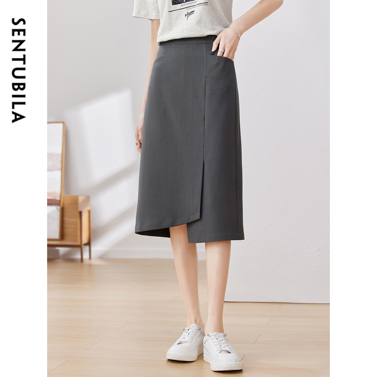 Jupe crayon midi fendue irrégulière SENTUBILA pour femme, taille haute, gris uni, avec poches, collection été 2026 - 132Q48722