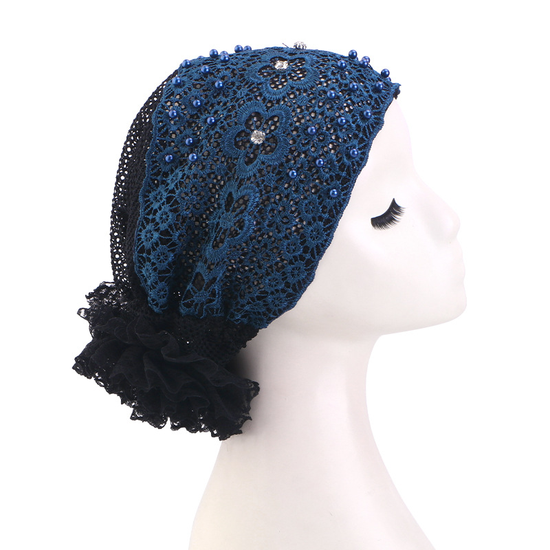 Casquette Turban en dentelle brodée de perles pour femmes, couvre-tête respirant, couvre-chef islamique, Bonnet Turbante Mejur