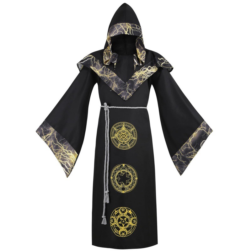 Robe de sorcier mystique médiéval pour hommes, Costume de Cosplay d'halloween, Cape à capuche, Cape de fête de carnaval