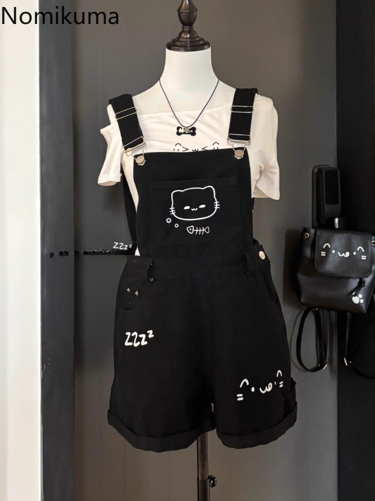Ensembles courts vêtements d'été femmes deux pièces ensemble tunique t-shirts blancs dessin animé salopette Shorts tenues Style Preppy costume japonais