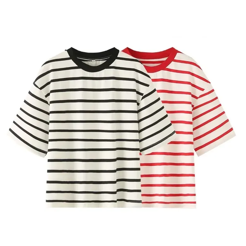 Rayé femmes mode T-shirts col rond manches courtes t-shirts chemisier haut couverture en coton pour l'été 2024 Harajuku t-shirt