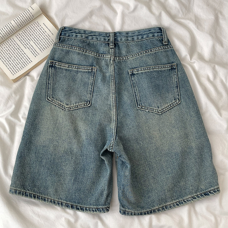 2025 femmes Denim Shorts taille haute Vintage lavé droit jambe large Denim jean fermeture à glissière genou longueur jean pantalons courts