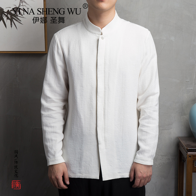 Chemise à manches longues en lin de coton de style chinois pour hommes, vêtements décontractés pour hommes, haut à col montant trempé, vêtements rétro Tang, grande taille