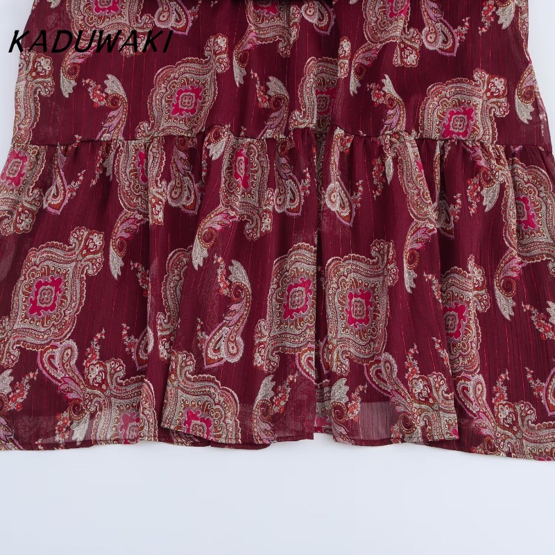 KADUWAKI femmes Robe longue mode vacances Style lanterne manches à lacets cou robes mi-longues bohème été imprimé Robe moulante