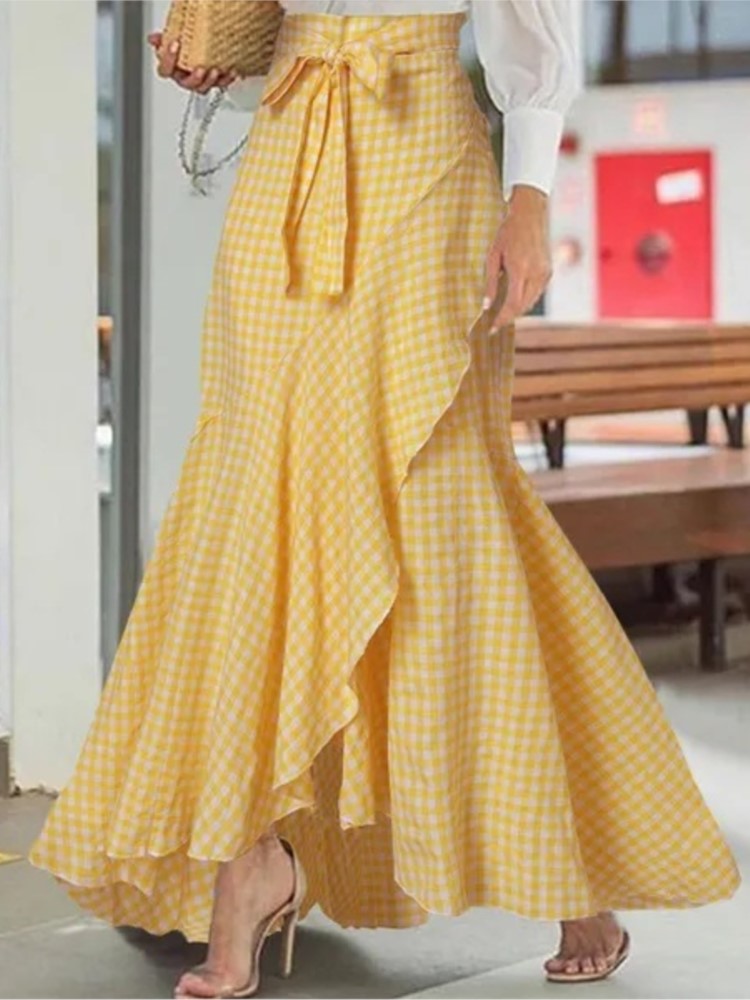 Jupe longue ample rétro pour femme, taille haute, à lacets, avec volants, imprimé écossais, nœud papillon, ourlet irrégulier, jupe sirène maxi pour femme