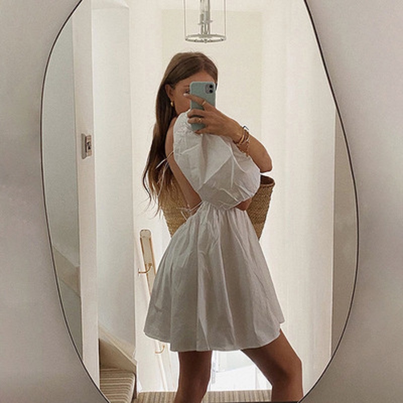 Robe d'été pour femmes, blanche, élégante, manches bouffantes, dos nu, fête, plage, Mini, décontractée, vacances