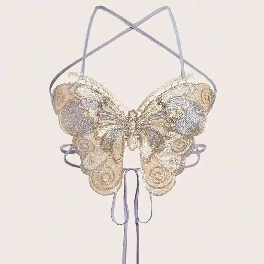 Haut court à col licou brodé papillon pour femmes, dos nu, bretelles sans manches, Camisole Sexy, vacances, bête, été Y2K