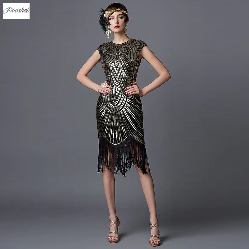 Robe longue Vintage à volants pour femmes, tenue de fête élégante à paillettes, sans manches, à franges, 1920