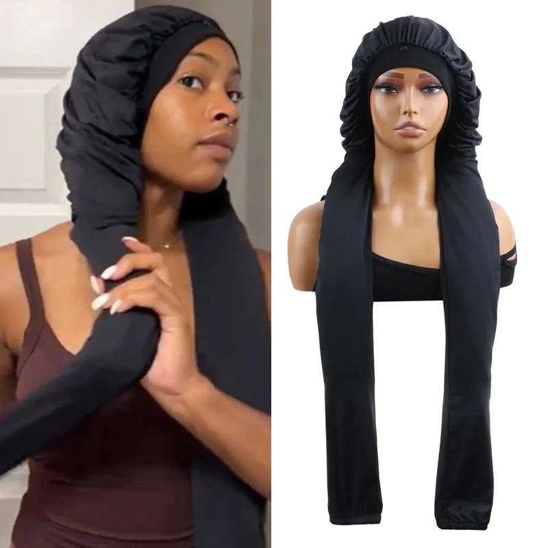 Bonnet de nuit en satin de soie à longue traîne pour tresses, avec large bande élastique, pour le soin des cheveux longs et les tresses, pour femmes