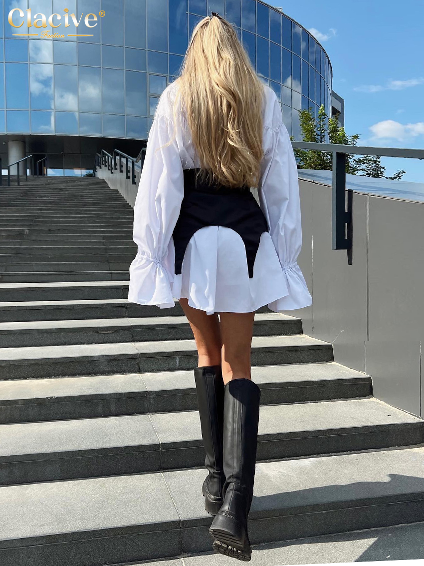 ClacMarkets-Mini robe à manches longues avec ceinture taille haute pour femme, tenue élégante, ensemble 2 pièces, blanc, mode 2025
