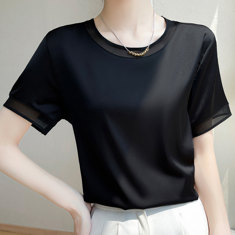 T-Shirt manches courtes col rond pour femme, décontracté et ample, couleur unie, avec dentelle sur le bas, été