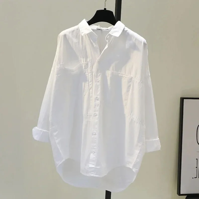 Chemisier blanc à manches longues pour femme, nouvelle collection printemps, décontracté, ample, pour le bureau, hauts boutonnés simples pour femme