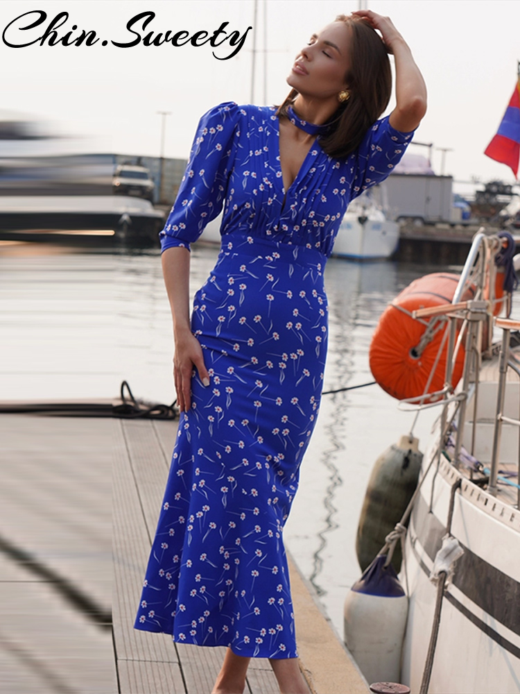 Robe imprimée urbaine pour femmes, décolleté en v profond, mode bouffante, manches courtes plissées, Empire, robes de soirée Chic, été, 2025