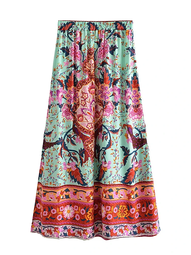 Vintage paon imprimé fleuri gland plage bohème Maxi jupe pour les femmes taille élastique rayonne coton longue plissée Boho jupes