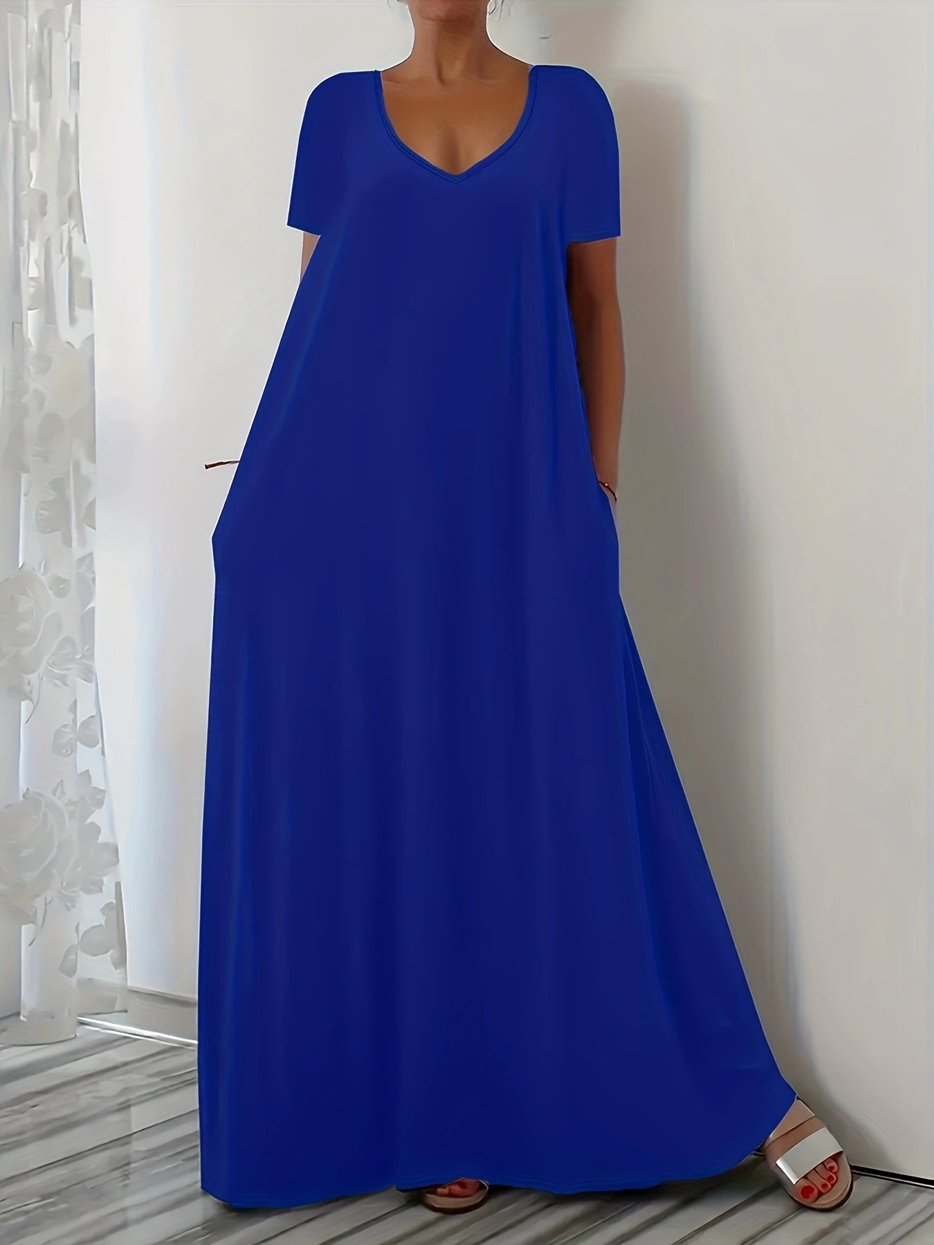 Nouvelle robe d'été grande taille pour femme, décontractée, ample, à manches courtes, couleur unie, col en V