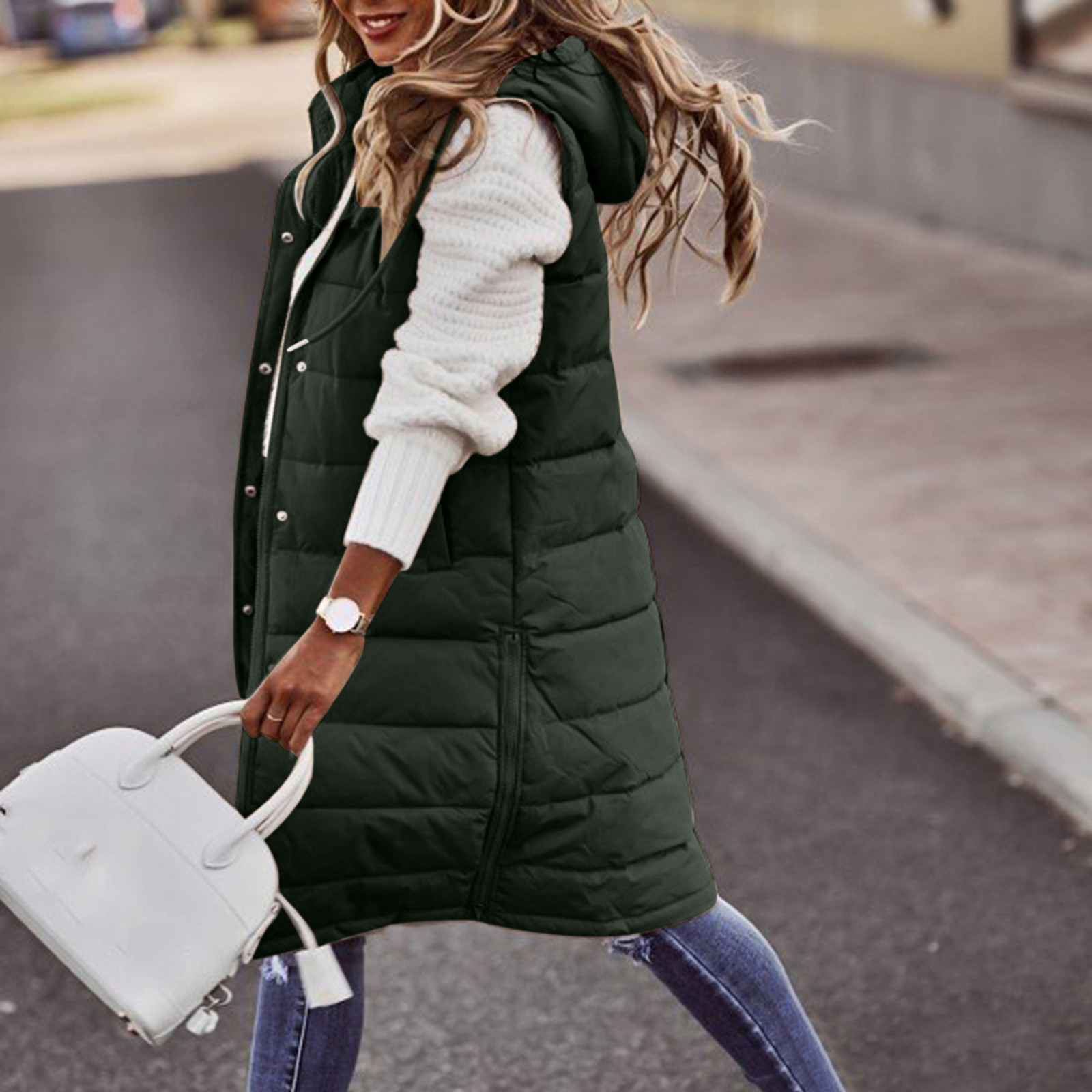 Manteaux d'hiver longs pour femmes, gilet avec capuche, matelassé, veste en coton, sans manches, manteau chaud avec poches, vestes d'extérieur, S-5XL