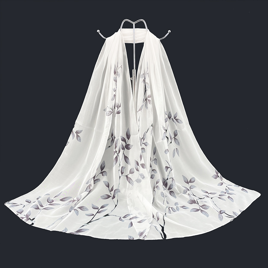 Écharpe-châle en mousseline de soie imprimée feuilles, légère et transparente, polyvalente pour nappe, rideau, voyage, ou couverture de plage
